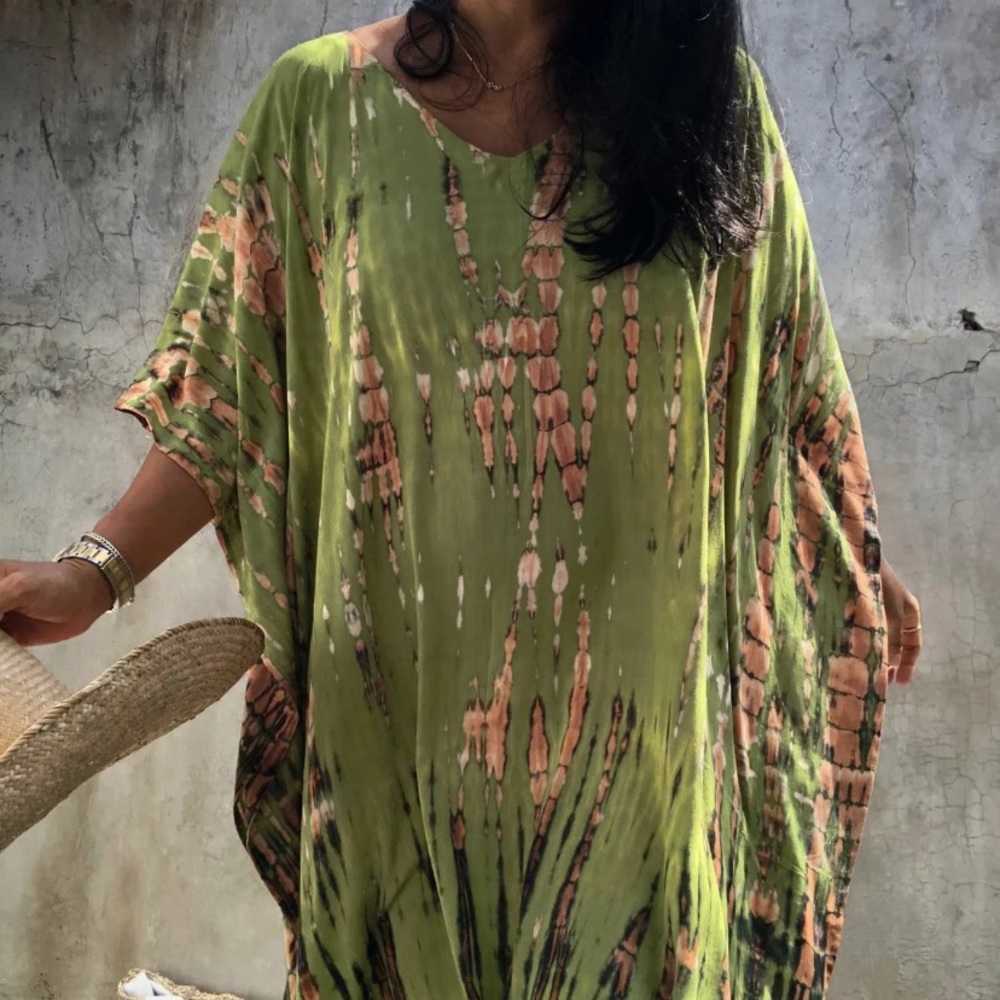 Lime Green Boho Tie Dye Kaftan Kimono Dress - Picture 6 of 6